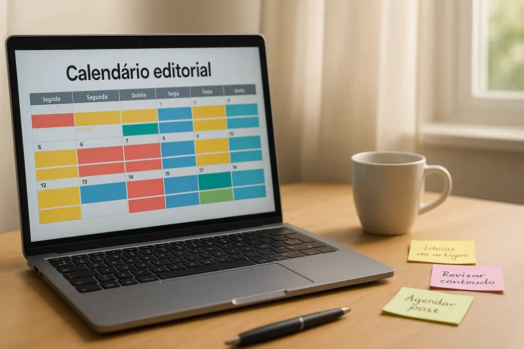 calendário editorial aberto em laptop sobre mesa com café e anotações.