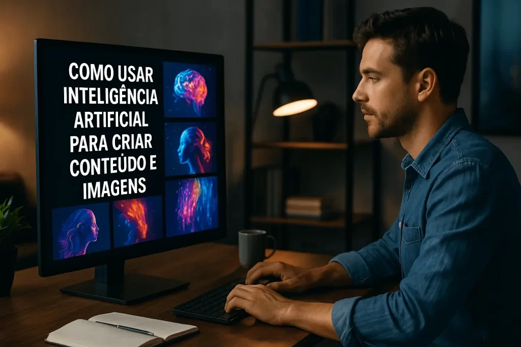 pessoa no computador criando conteúdo com IA em ambiente moderno