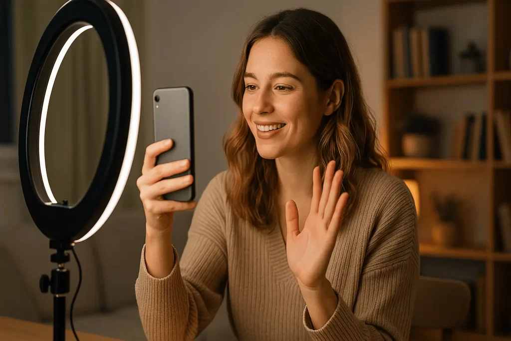 Jovem gravando vídeo curto com celular vertical e ring light em cenário caseiro iluminado.