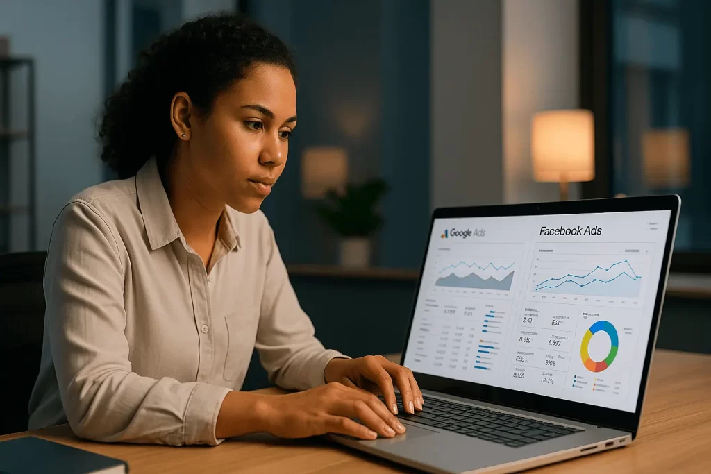 Jovem empreendedor usando notebook com gráficos de anúncios do Google Ads e Facebook Ads em 4K.