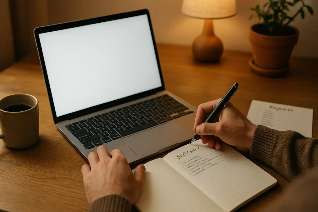 Pessoa criando conteúdo em laptop com anotações de palavras-chave para SEO.