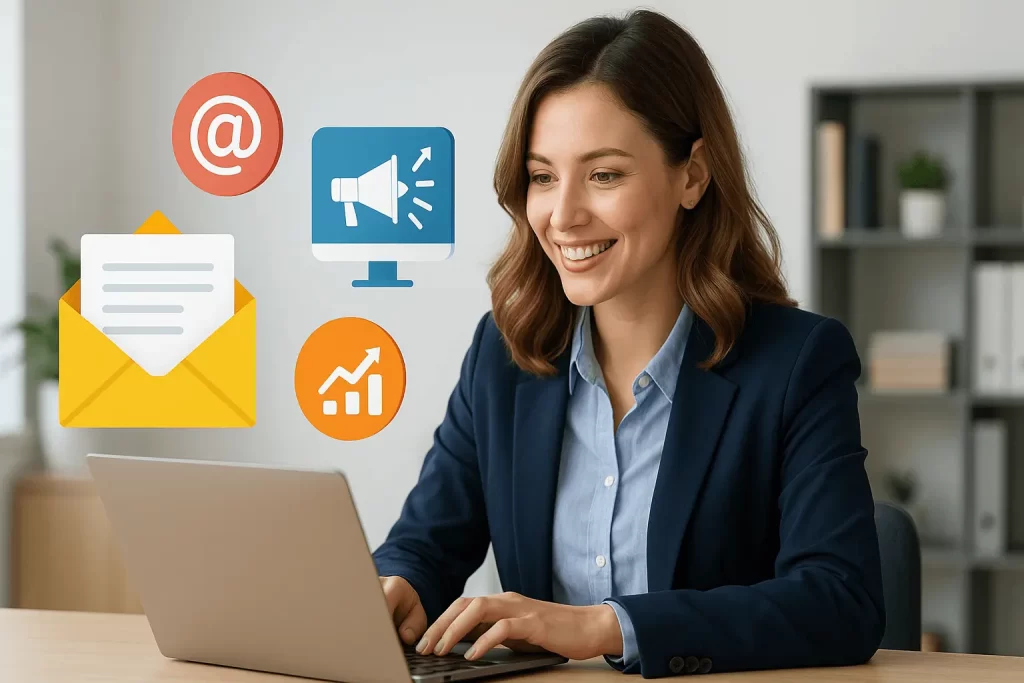 Mulher no escritório usando notebook com ícones de e-mail.