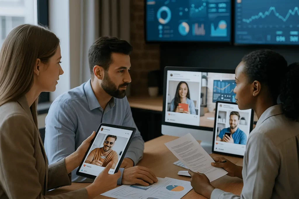 Equipe analisando conteúdo gerado pelo usuário em um ambiente de marketing digital.