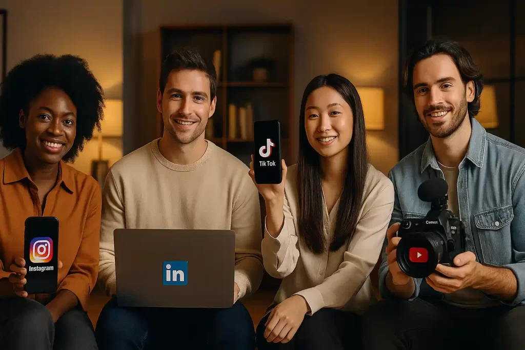 Estratégias para Instagram, LinkedIn, TikTok e YouTube no branding digital.