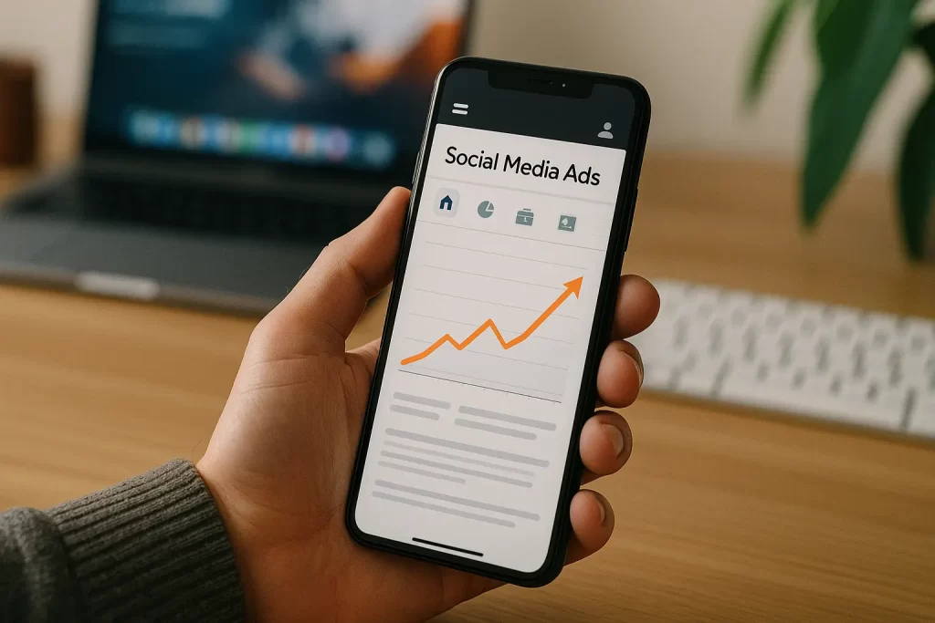 Celular exibindo painel de resultados de tráfego pago com gráfico crescente.