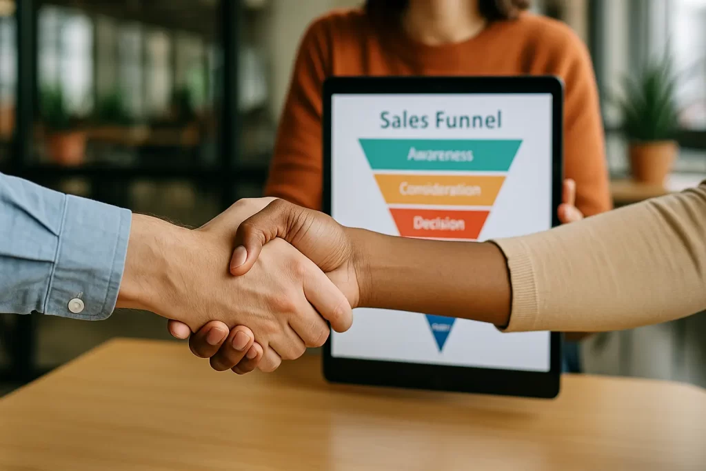 Duas pessoas apertando mãos com funil de vendas exibido em tablet