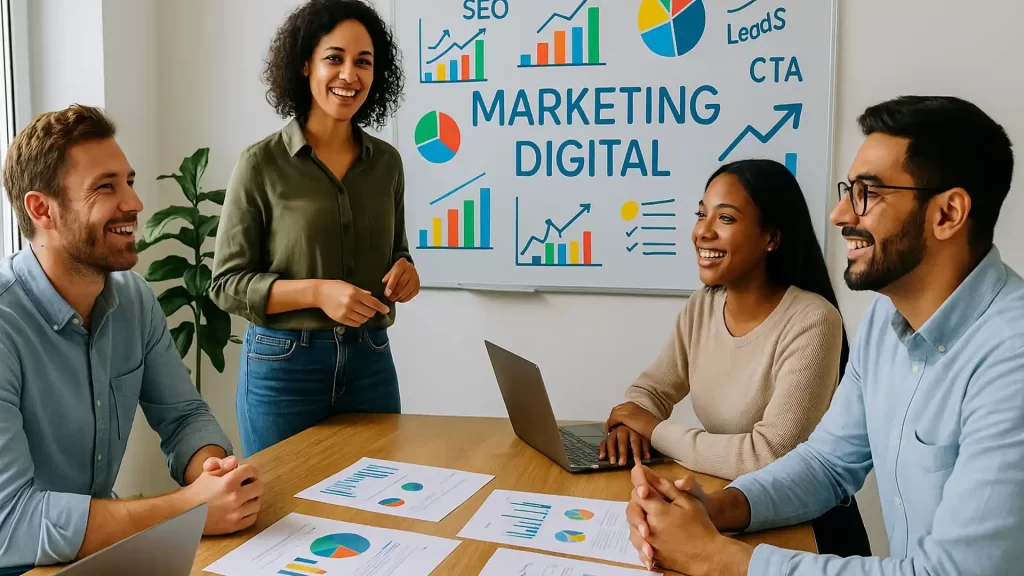 Pessoas reunidas em escritório discutindo estratégias de marketing digital