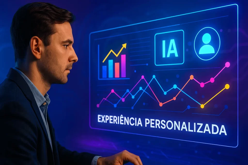 Imagem realista mostrando IA e dados aplicados à jornada do cliente.