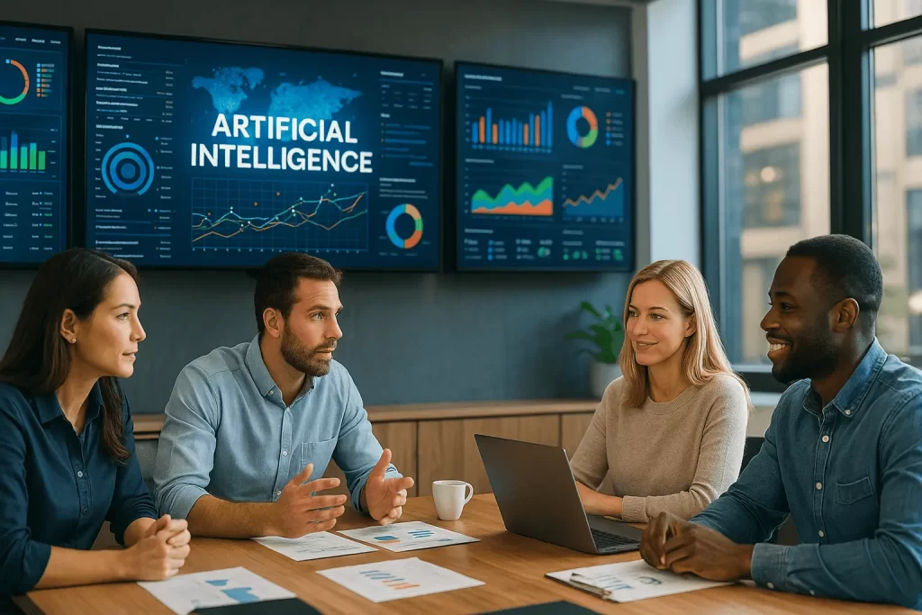 Profissionais de marketing avaliando dashboards de IA.