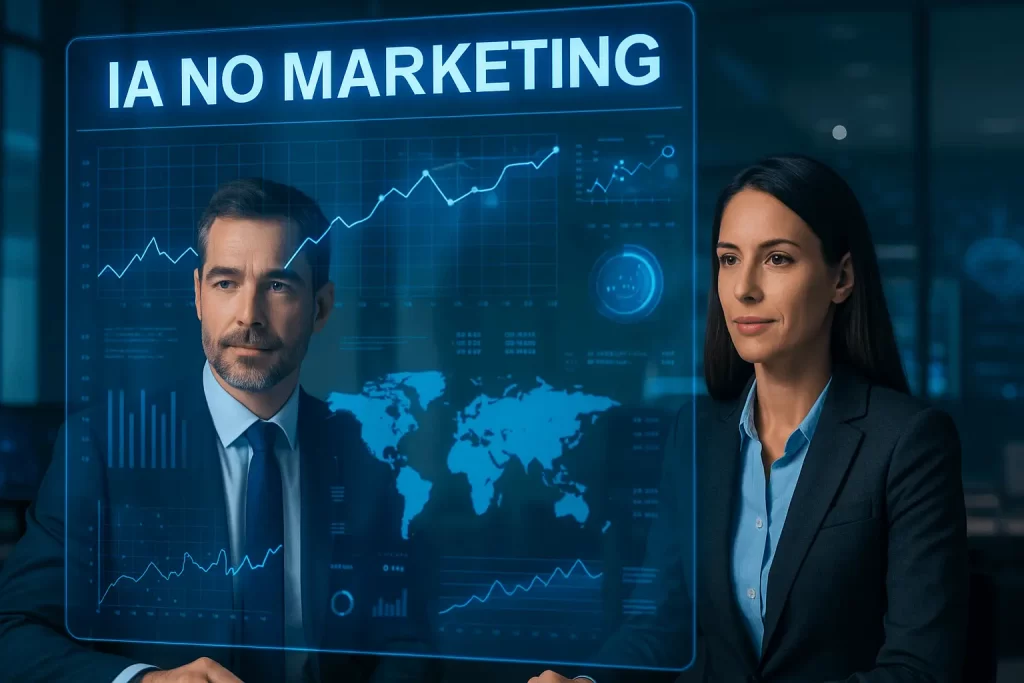 Profissionais analisando gráficos digitais com IA no marketing.