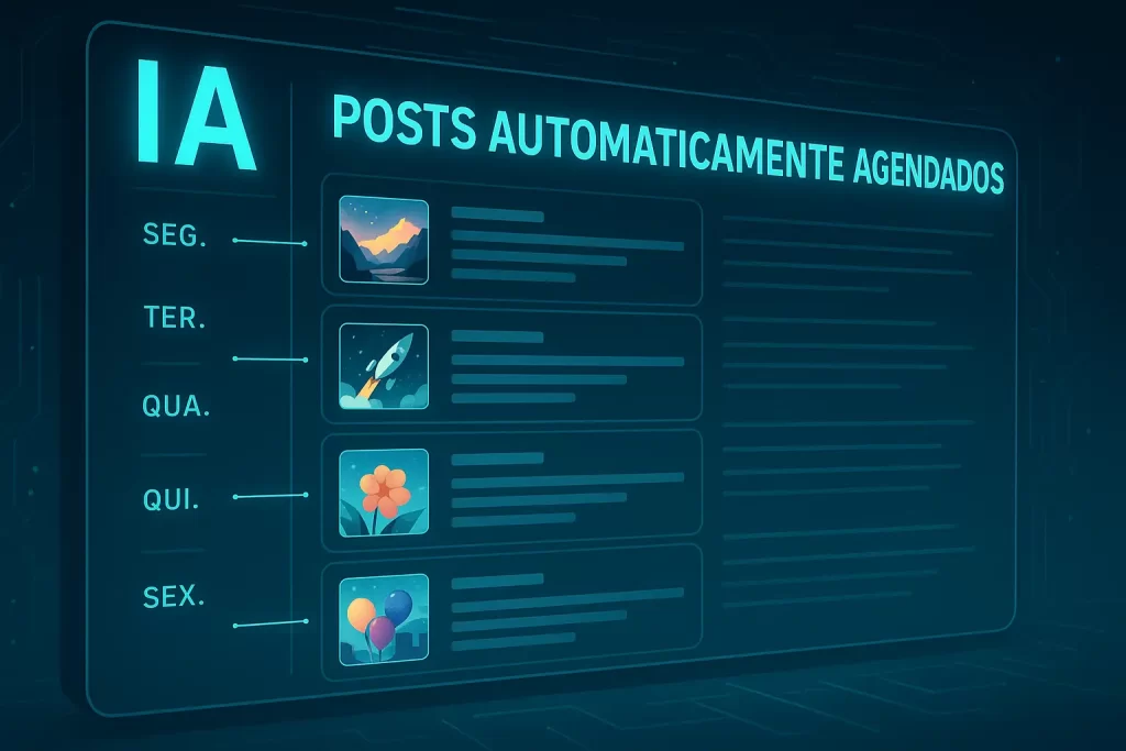 interface futurista mostrando agendamento de posts em redes sociais