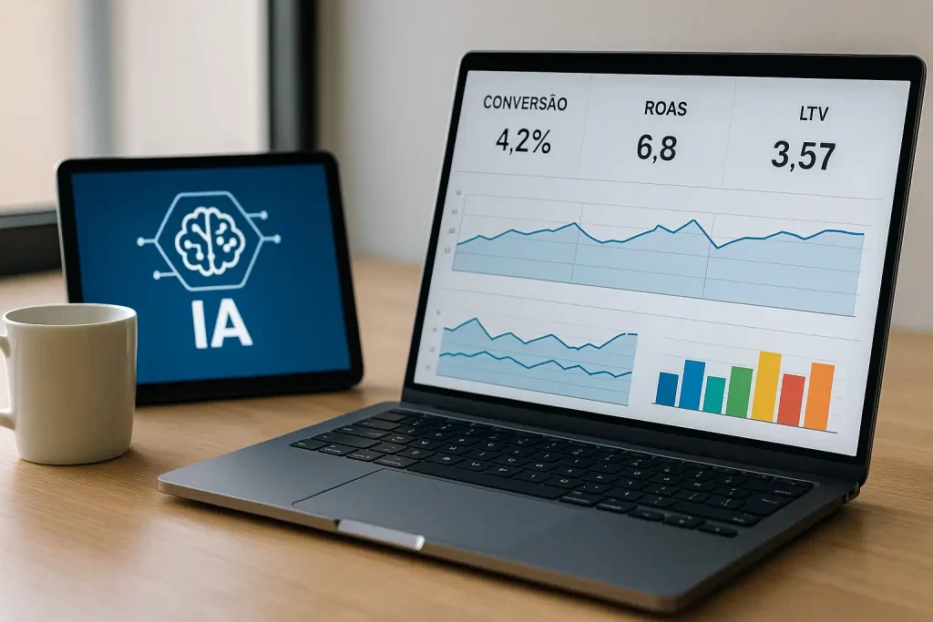mesa moderna com notebook mostrando dashboards e tablet com ícone de IA.