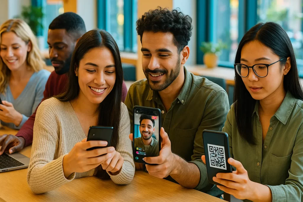 pessoas interagindo com redes sociais usando enquetes, lives e qr codes