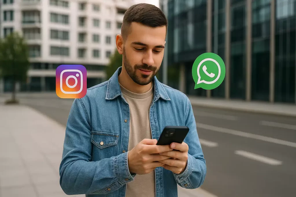 Mulher digitando em laptop com ícones digitais de e-mail, chat e redes sociais.