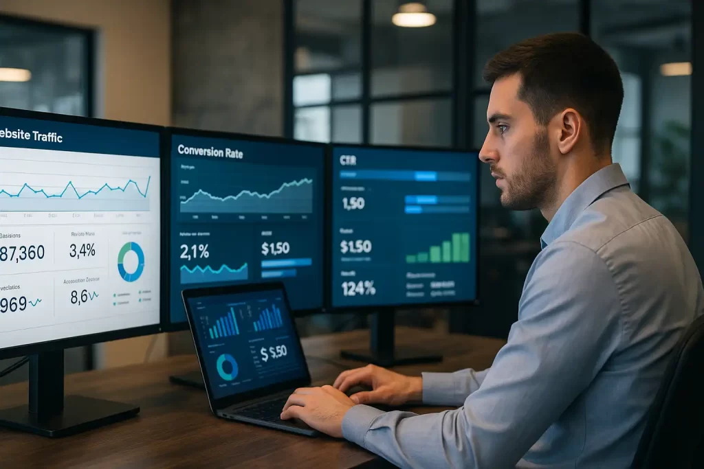 analista acompanhando dashboards com métricas de tráfego, conversão, cpc e roi