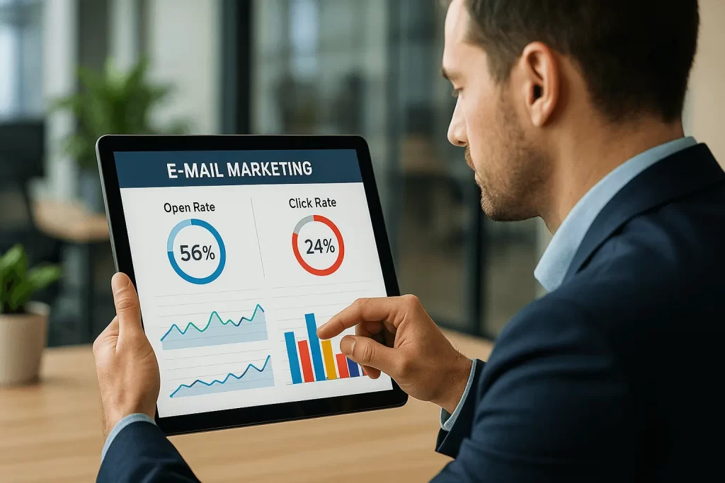 Empresário analisando métricas de e-mail marketing.