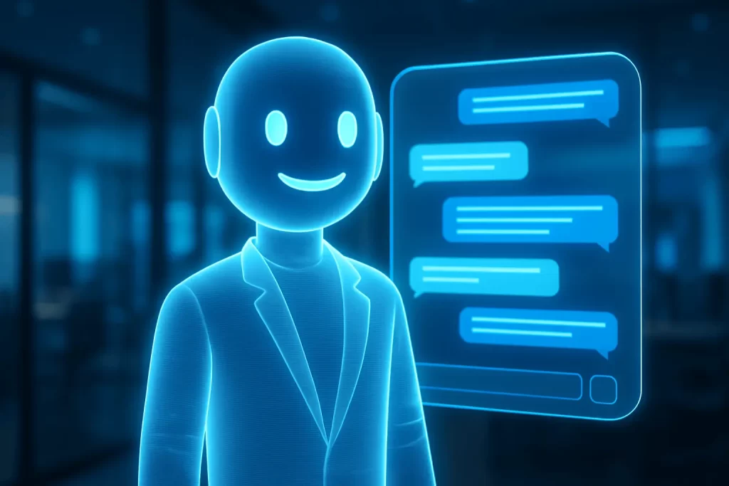Atendente virtual holográfico representando um chatbot moderno.