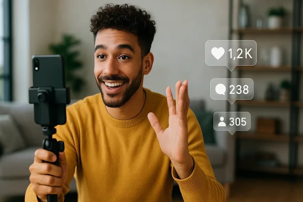 influenciador digital criando conteúdo autêntico para redes sociais em ambiente moderno.