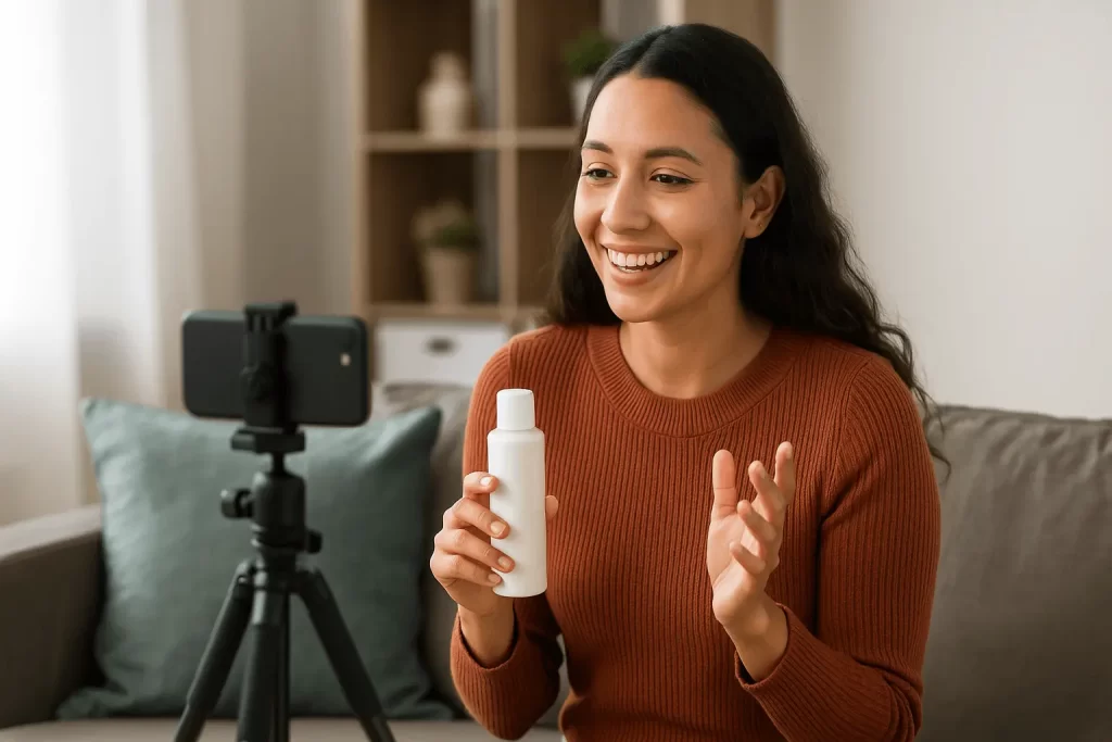 Pessoa gravando vídeo review de produto, representando conteúdo gerado pelo usuário.