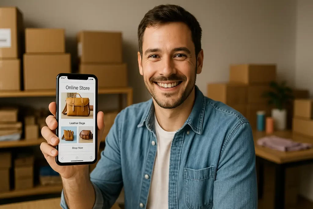 Pequeno empresário comemorando crescimento de vendas com marketing digital.