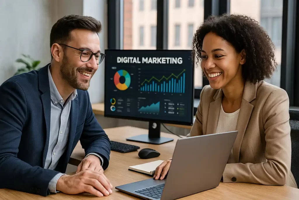 Empresários analisando relatórios de marketing digital em ambiente corporativo.