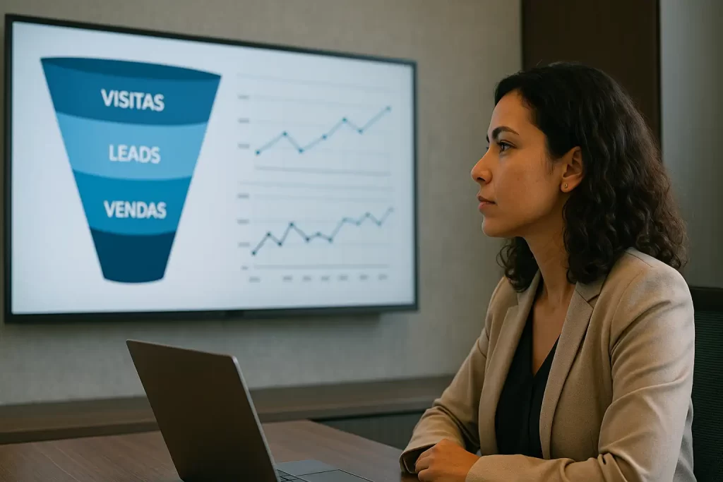 profissional de marketing analisando funil com dashboards e IA.