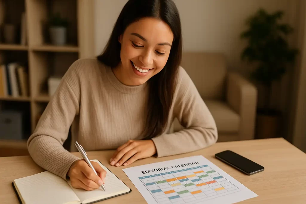 mulher organizando calendário editorial impresso e digital em mesa de trabalho.