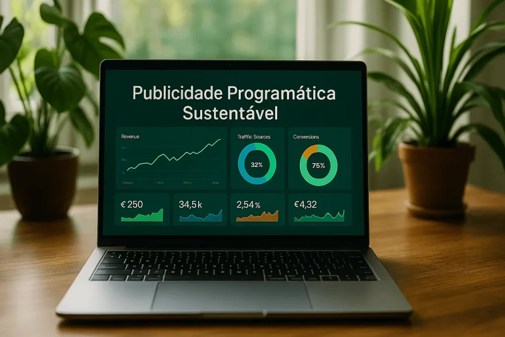 Laptop com dashboard de publicidade digital sustentável e plantas ao redor.