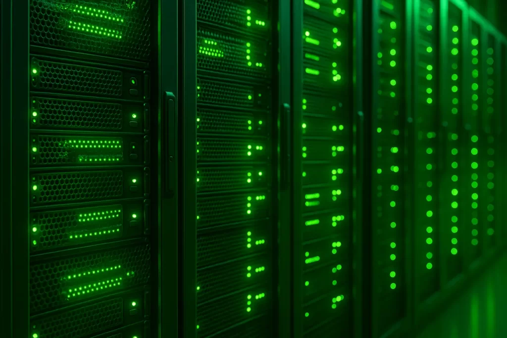 Servidores de dados com luz verde representando mídia programática sustentável.