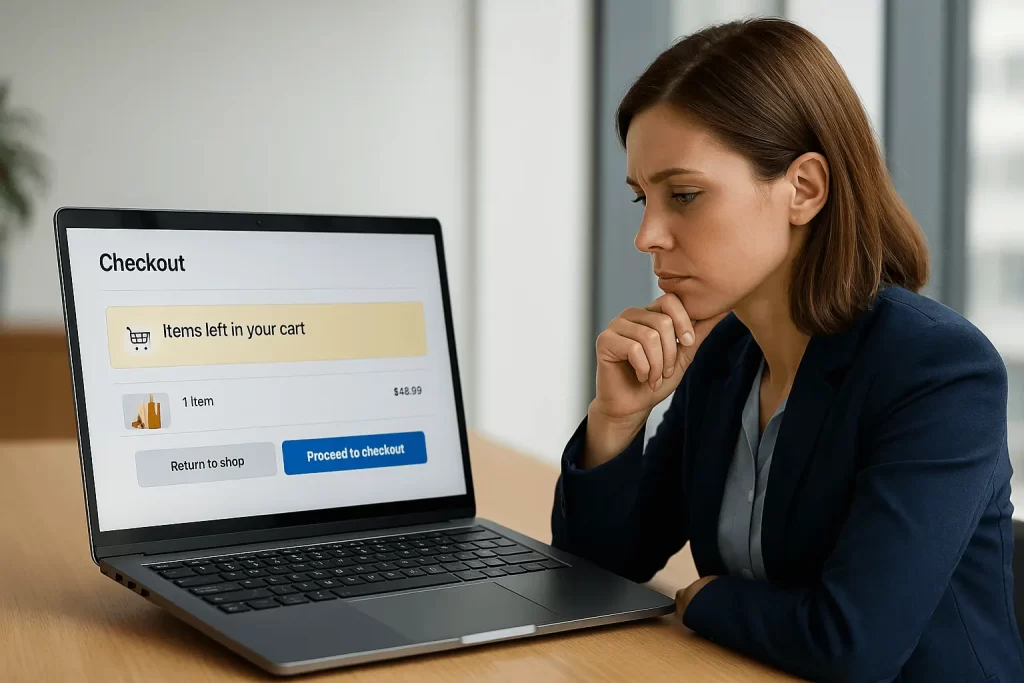 Cliente diante de checkout online com carrinho abandonado.
