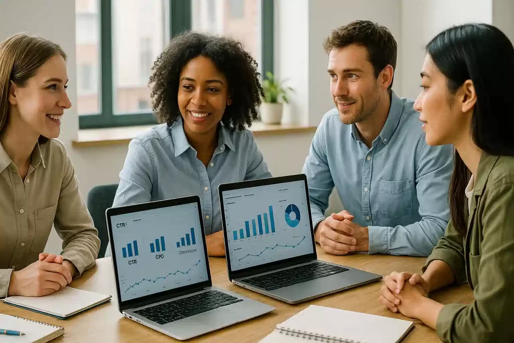 profissional apresentando dashboard com metricas de marketing digital, ctr, cpc e roi