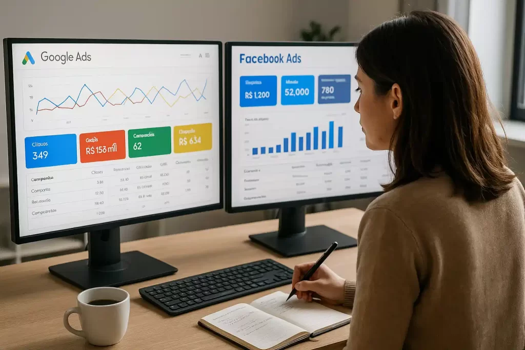 profissional analisando dashboards de Google Ads e Facebook Ads em home office