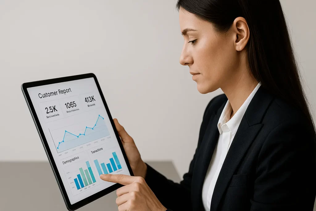 Empresária analisando dados de clientes no CRM.