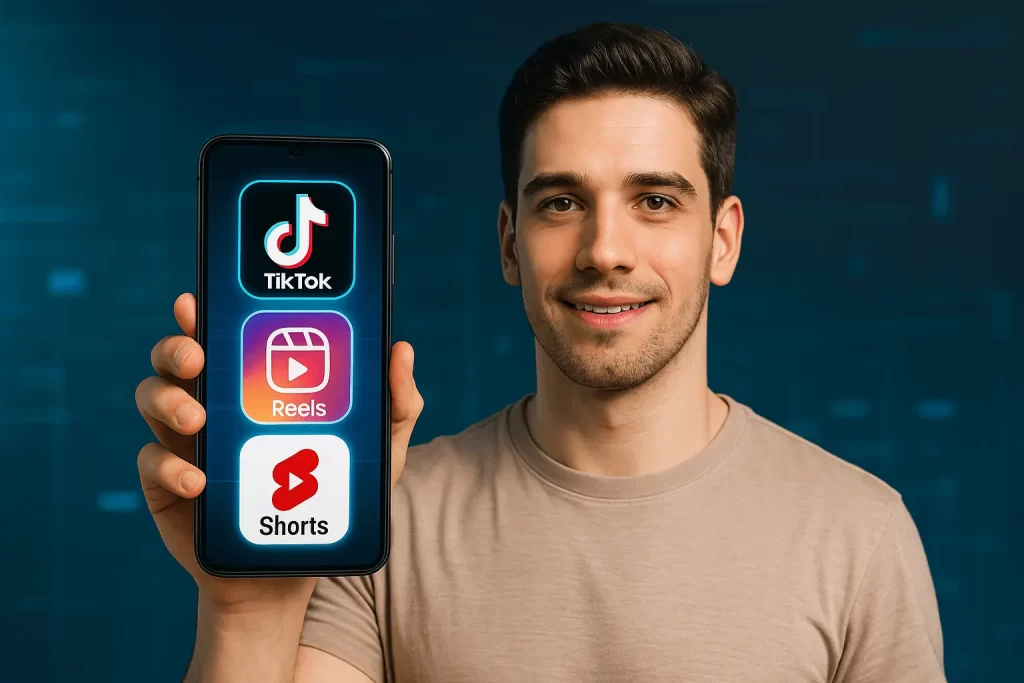 Criador de conteúdo segurando celular vertical com ícones do TikTok, Instagram Reels e YouTube Shorts em fundo digital moderno.