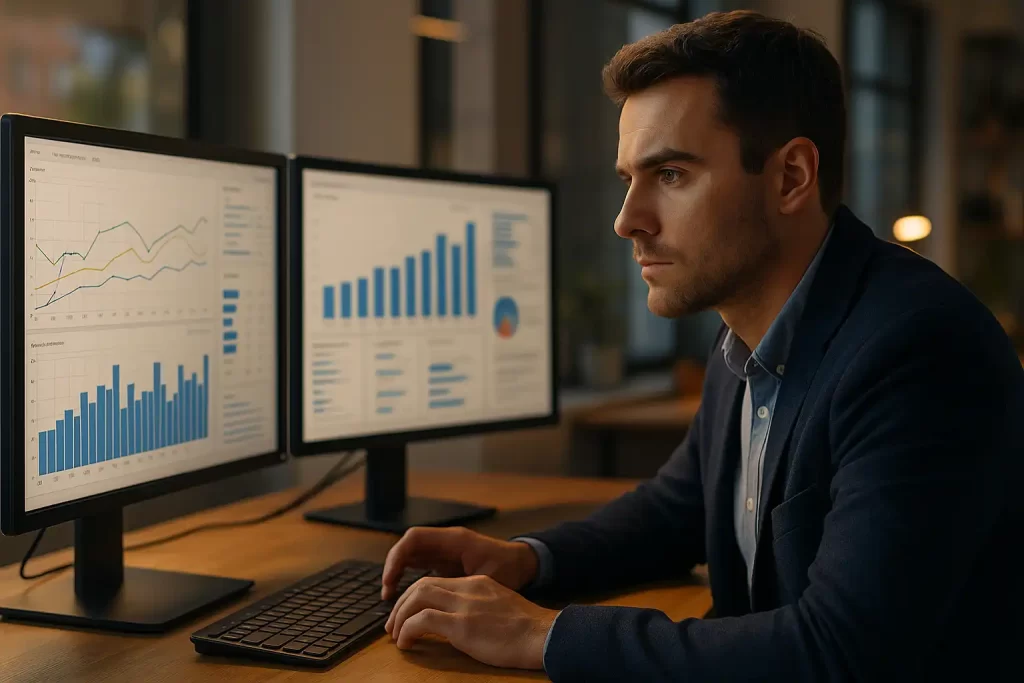 profissional analisando gráficos de analytics em dois monitores.