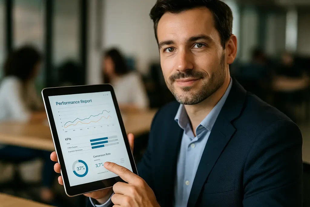 pessoa segurando tablet com KPIs e taxa de conversão em destaque.