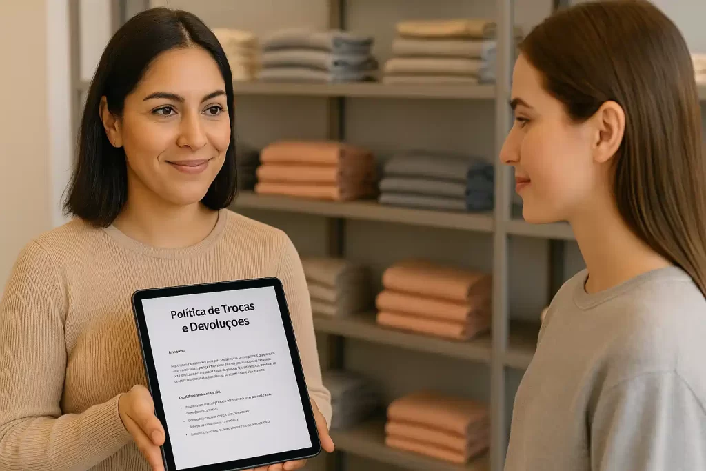 Atendente apresentando política de trocas a cliente em tablet dentro da loja.