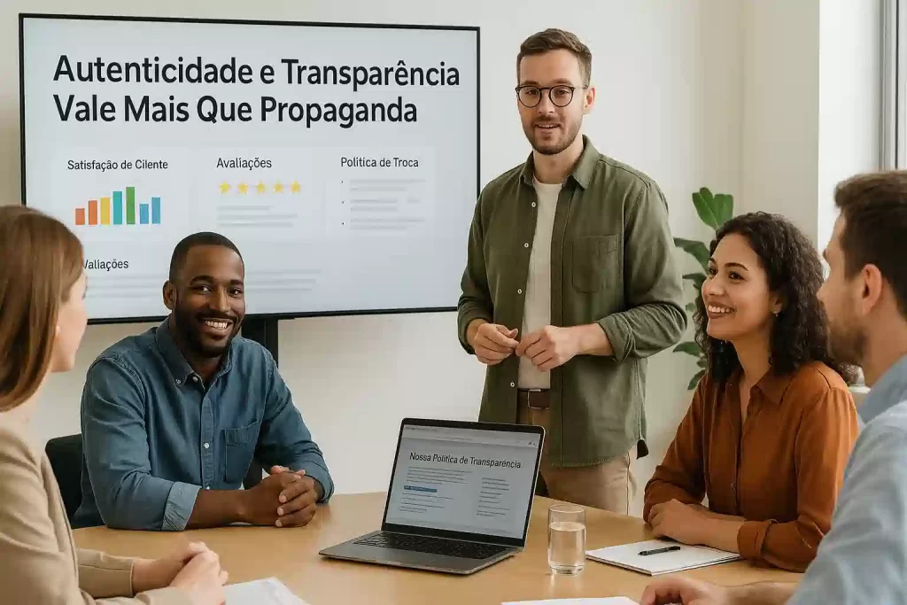 Equipe discutindo políticas de transparência com clientes em reunião clara e colaborativa.