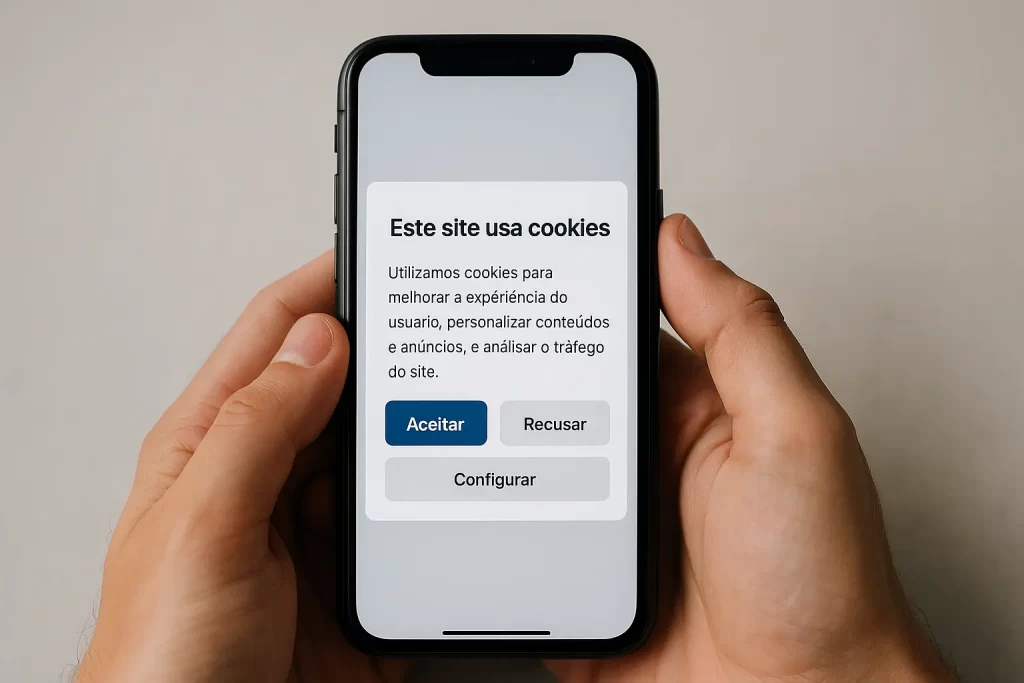 Banner de cookies com opções de aceitar, recusar e configurar no celular.