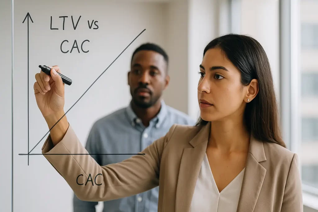 Analista de marketing desenhando gráfico de LTV e CAC em quadro de vidro.