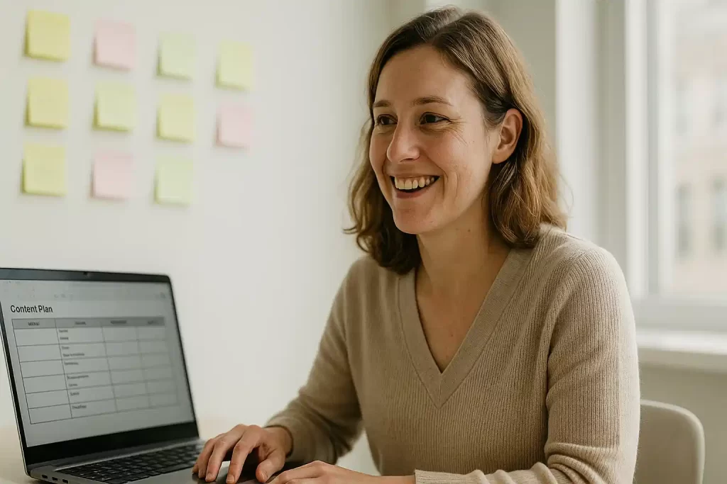 Profissional montando calendário de conteúdo no notebook em ambiente iluminado.