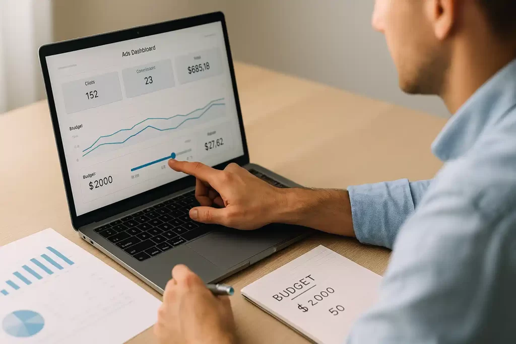 Analista revisando métricas e ajustando orçamento de tráfego pago em laptop.