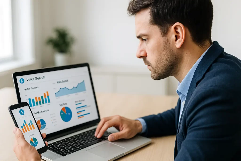 Profissional observando métricas de pesquisa por voz em notebook e celular.