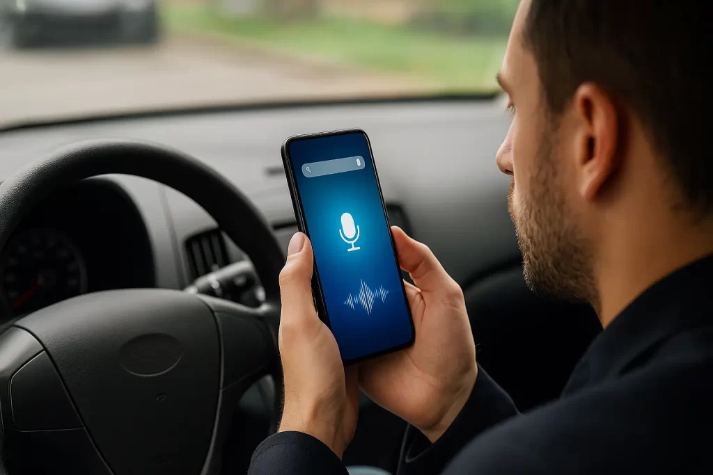 Usuário realizando pesquisa por voz no celular dentro do carro estacionado.