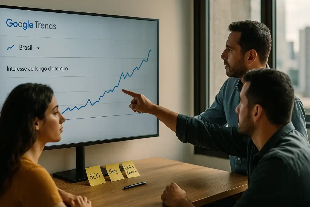 Equipe de marketing analisando Google Trends Brasil em monitor com gráfico de interesse em alta.