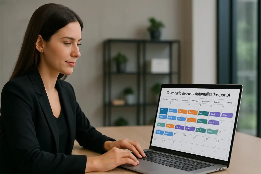 Mulher de marketing usando inteligência artificial para criar conteúdo automático com qualidade.