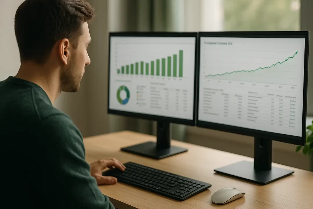 Profissional analisando dashboards de ROI e funis pagos para conteúdo patrocinado evergreen.