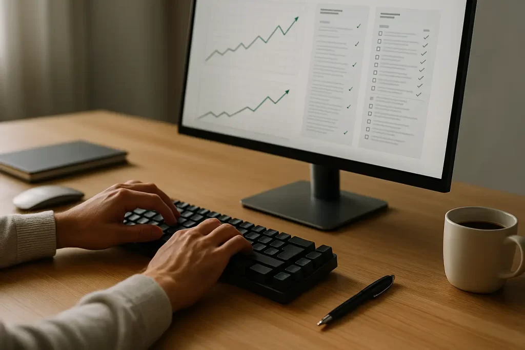 Mãos digitando em teclado diante de gráficos de conversão em tela de computador.