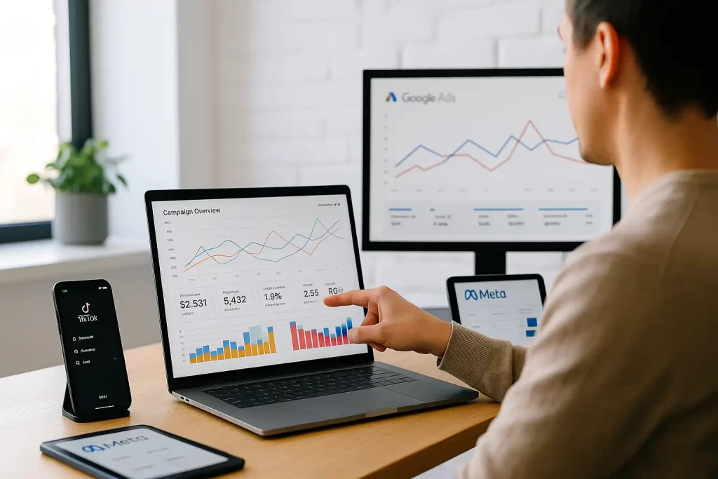 Profissional analisando dashboards de Meta, Google Ads e TikTok em estações de trabalho integradas.