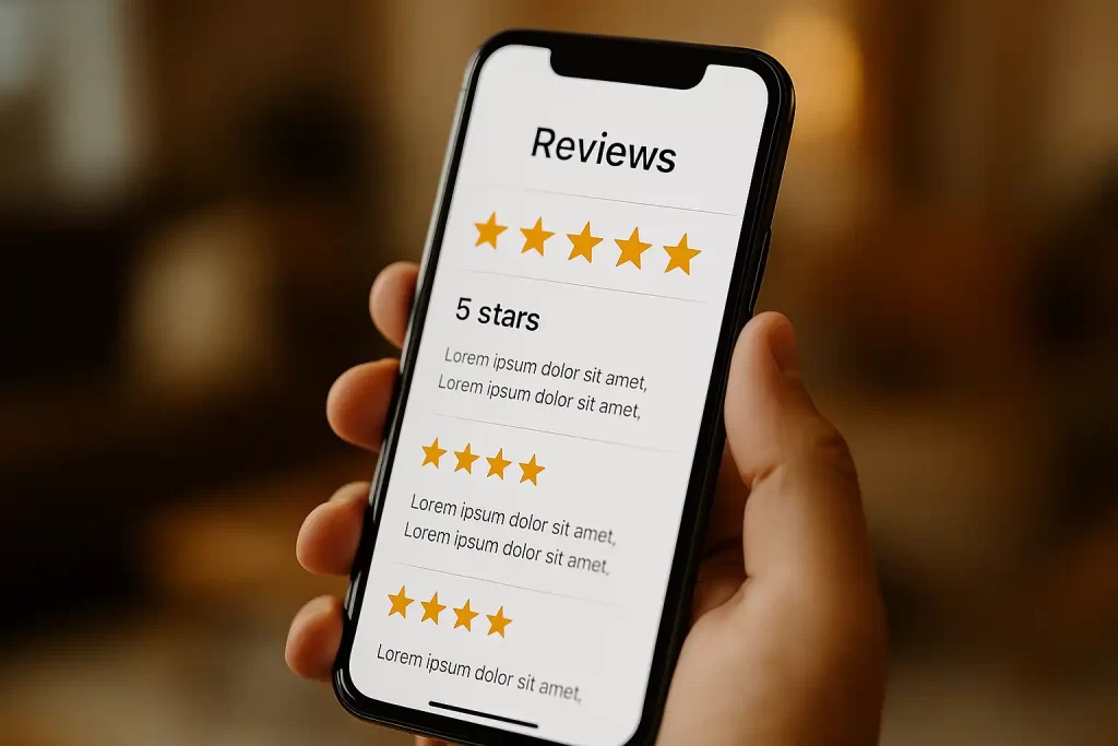 Mão segurando smartphone com página de reviews 5 estrelas em foco.